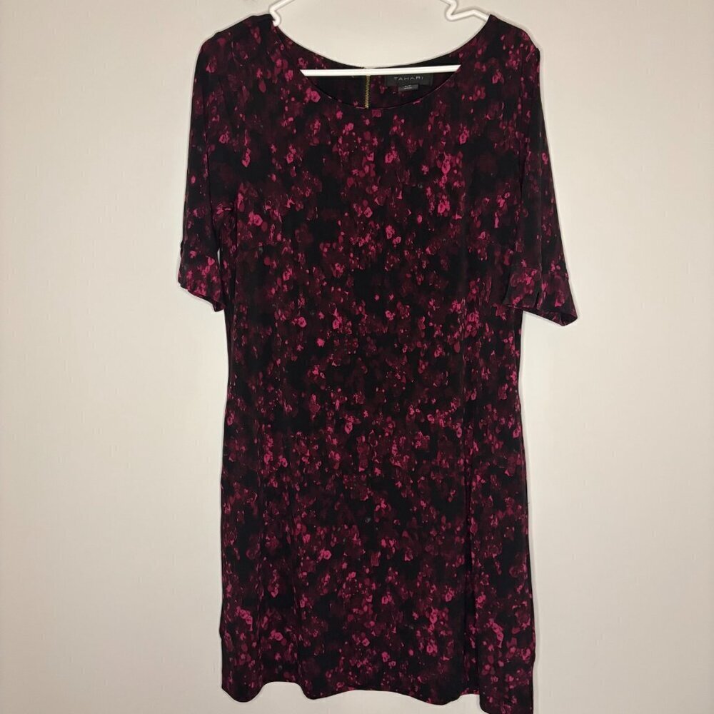TAHARI Shift Dress Womens 12 Black Pink 1/2 sleeve Stretch Back Zip - Picture 4 of 5